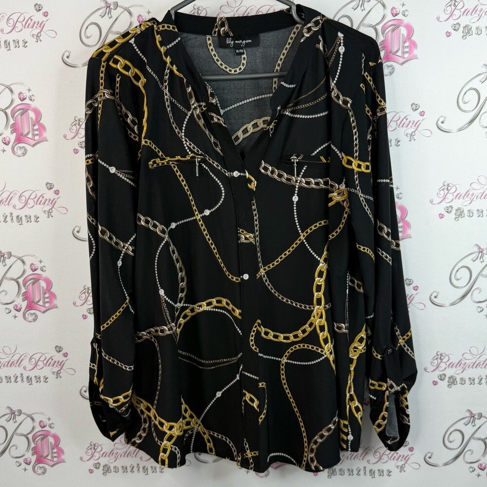 Lily Morgan blouse button up chains  Chain Print Black and Gold Women's Top